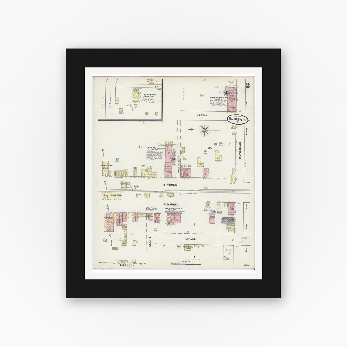 Old map wall art mockup — black gallery frame with white mat — Sanborn Fire Insurance Map from Reidsville, Rockingham County, North Carolina (1890), Sheet #0002