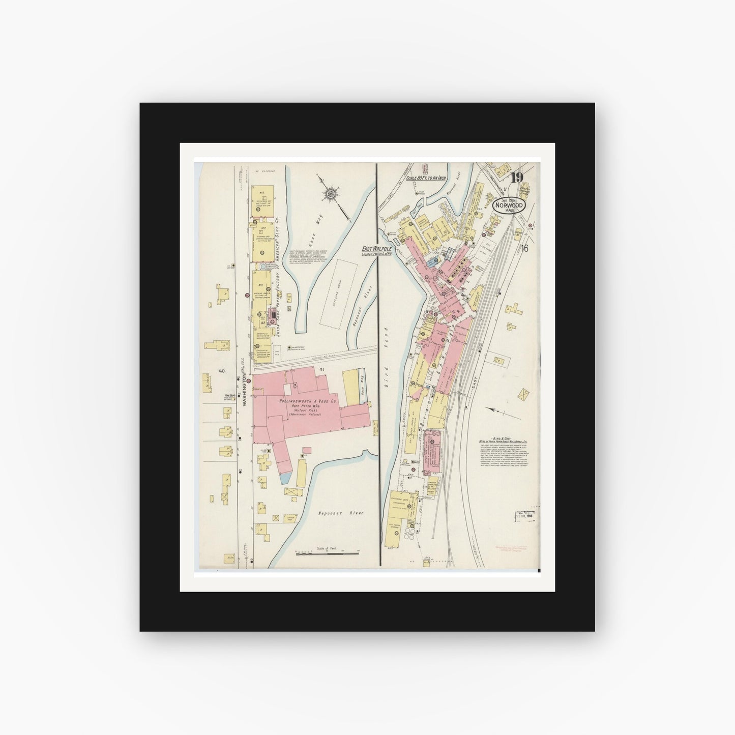 Old map wall art mockup — black gallery frame with white mat — Sanborn Fire Insurance Map from Norwood, Norfolk County, Massachusetts (1915), Sheet #0019