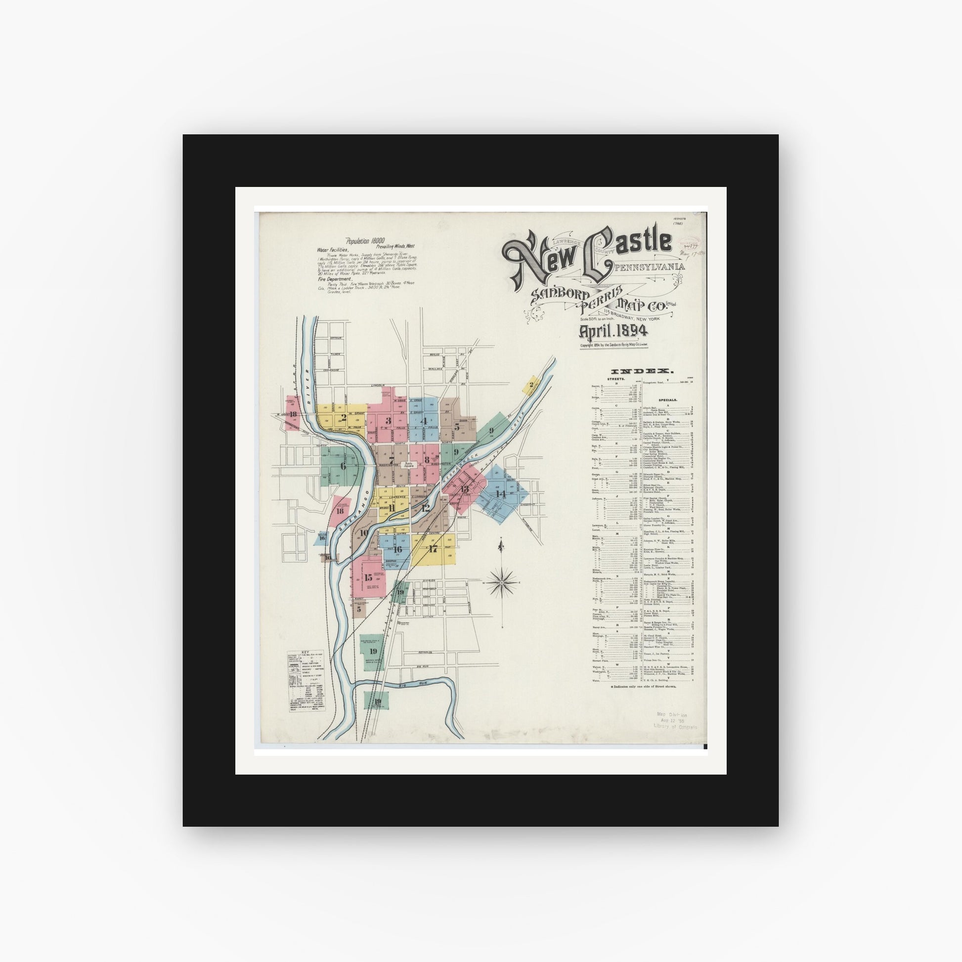Old map wall art mockup — black gallery frame with white mat — Sanborn Fire Insurance Map from New Castle, Lawrence County, Pennsylvania (1894), Sheet #0001