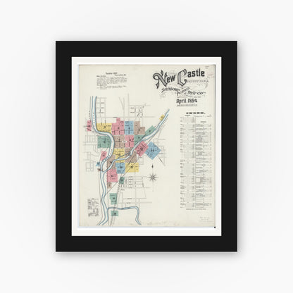 Old map wall art mockup — black gallery frame with white mat — Sanborn Fire Insurance Map from New Castle, Lawrence County, Pennsylvania (1894), Sheet #0001