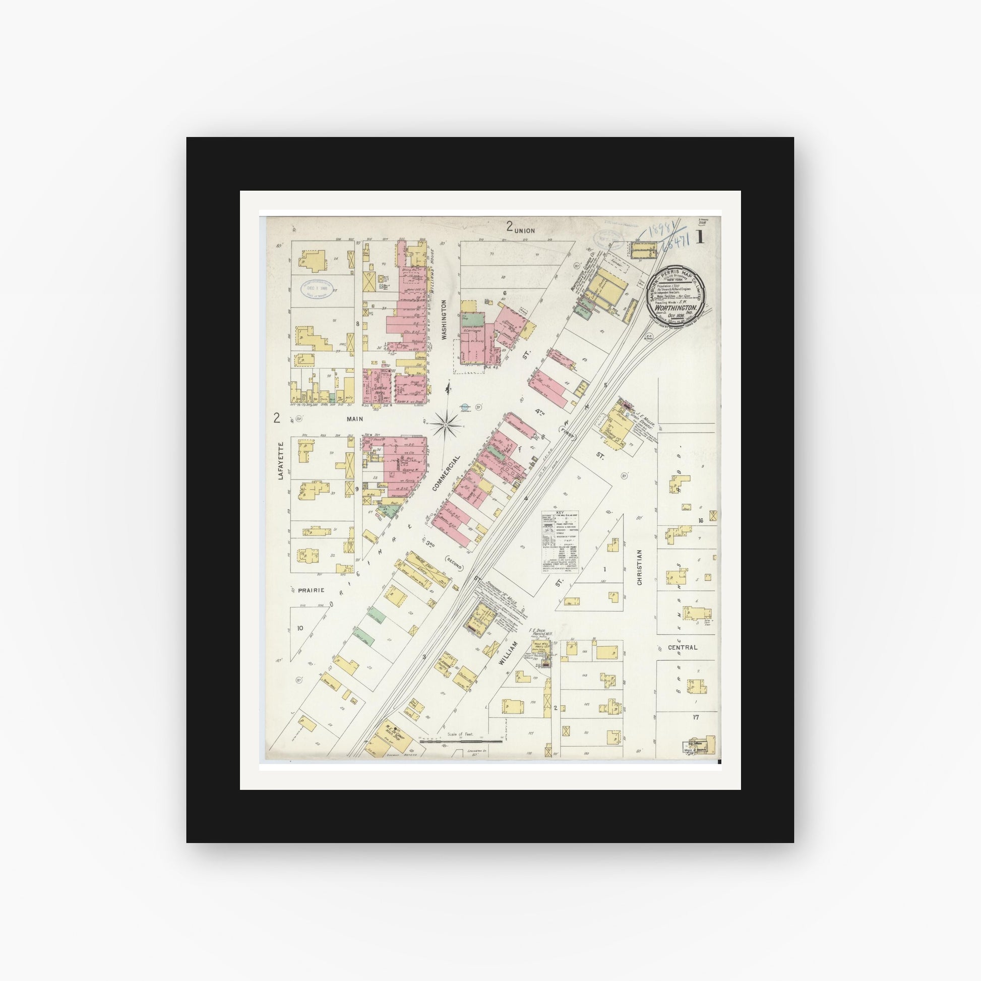 Old map wall art mockup — black gallery frame with white mat — Sanborn Fire Insurance Map from Worthington, Greene County, Indiana (1898) - Complete Map Set