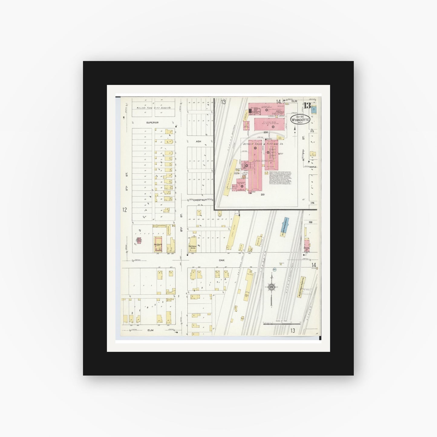 Old map wall art mockup — black gallery frame with white mat — Sanborn Fire Insurance Map from Wyandotte, Wayne County, Michigan (1912), Sheet #0013