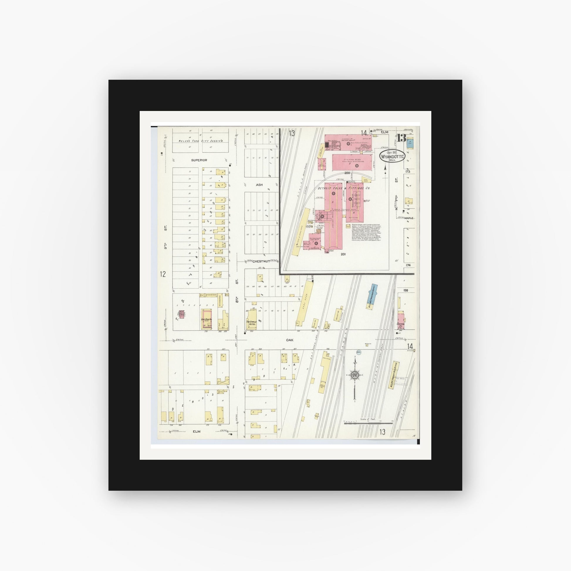 Old map wall art mockup — black gallery frame with white mat — Sanborn Fire Insurance Map from Wyandotte, Wayne County, Michigan (1912), Sheet #0013