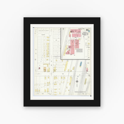 Old map wall art mockup — black gallery frame with white mat — Sanborn Fire Insurance Map from Wyandotte, Wayne County, Michigan (1912), Sheet #0013