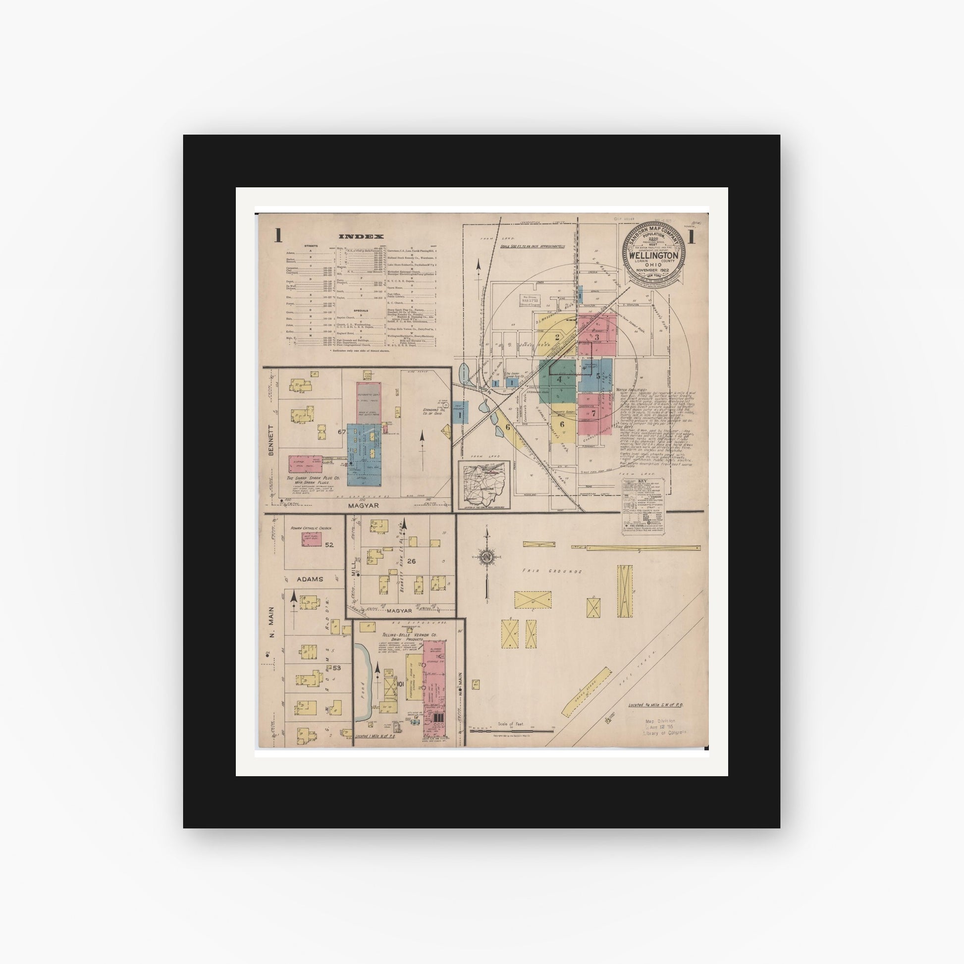 Old map wall art mockup — black gallery frame with white mat — Sanborn Fire Insurance Map from Wellington, Lorain County, Ohio (1922) - Complete Map Set
