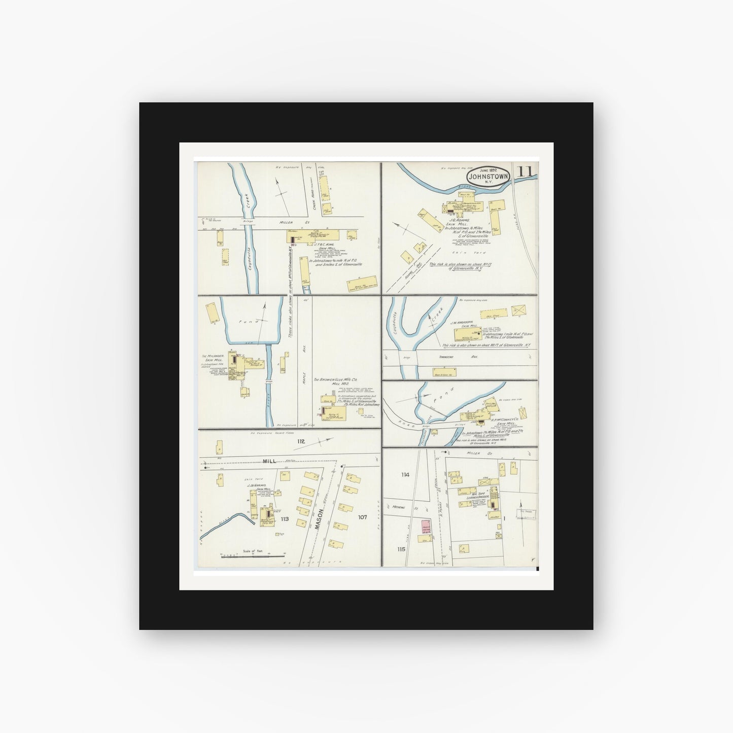 Old map wall art mockup — black gallery frame with white mat — Sanborn Fire Insurance Map from Johnstown, Fulton County, New York (1892), Sheet #0011