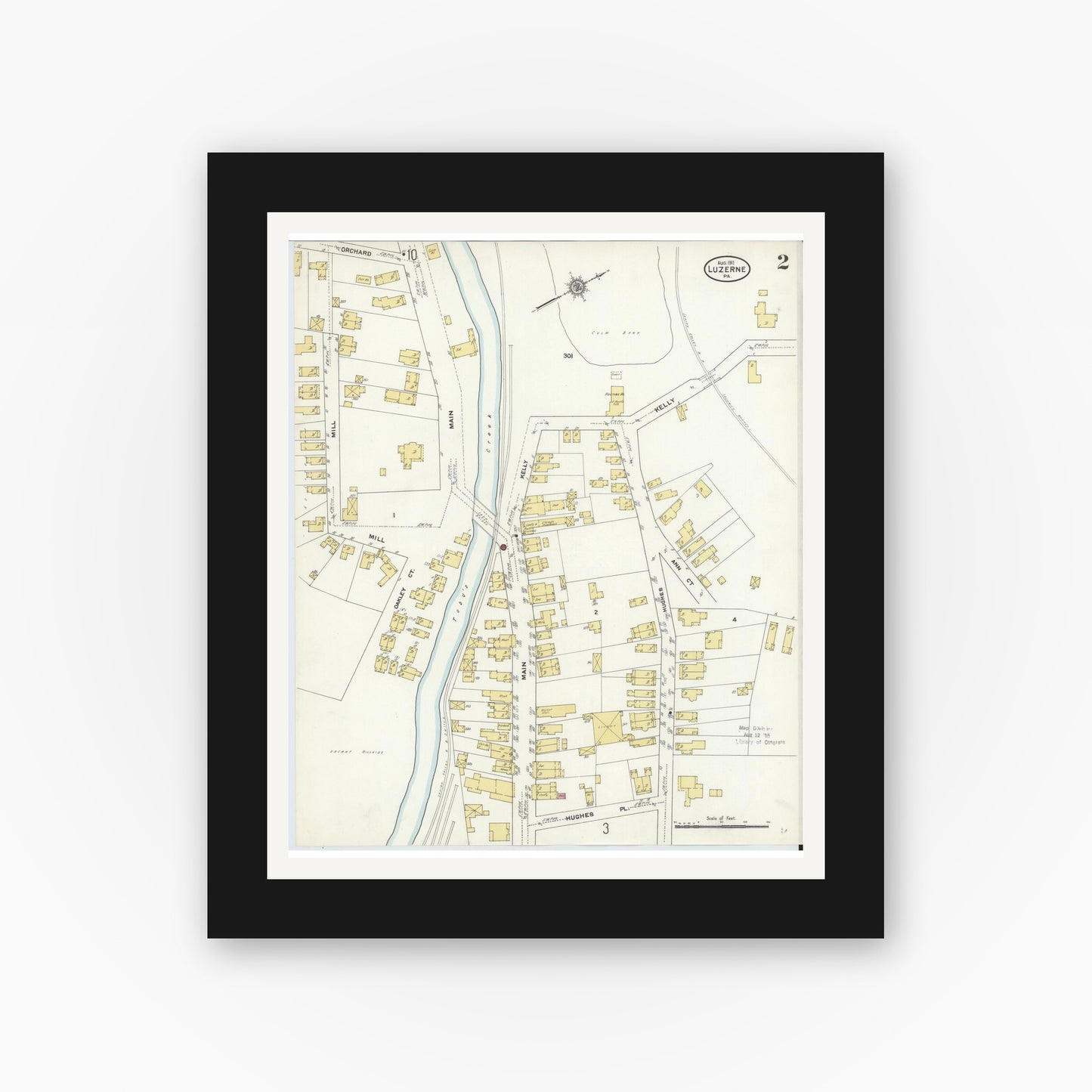 Old map wall art mockup — black gallery frame with white mat — Sanborn Fire Insurance Map from Luzerne, Luzerne County, Pennsylvania (1911), Sheet #0002