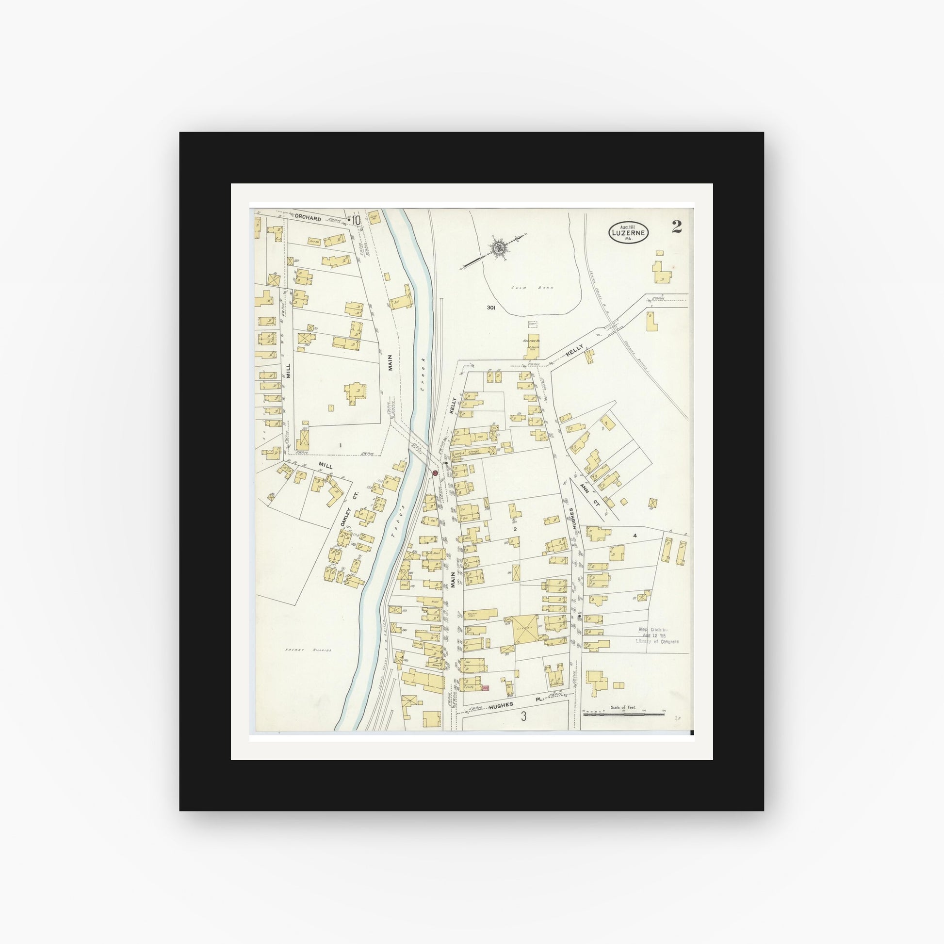Old map wall art mockup — black gallery frame with white mat — Sanborn Fire Insurance Map from Luzerne, Luzerne County, Pennsylvania (1911), Sheet #0002