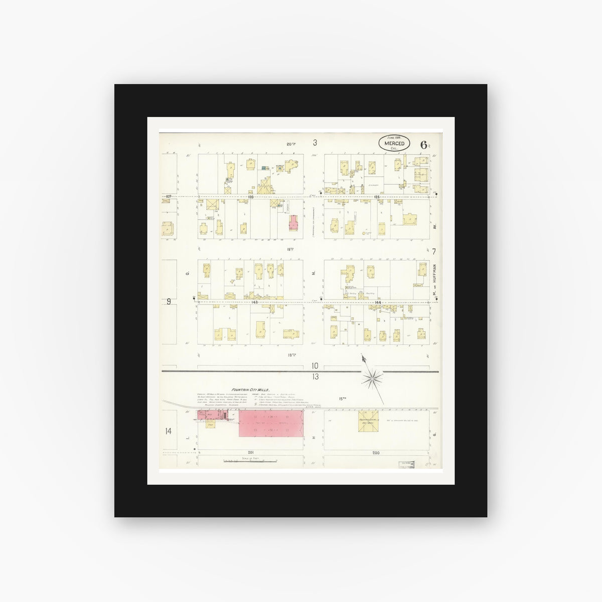 Old map wall art mockup — black gallery frame with white mat — Sanborn Fire Insurance Map from Merced, Merced County, California (1898), Sheet #0006