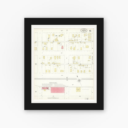 Old map wall art mockup — black gallery frame with white mat — Sanborn Fire Insurance Map from Merced, Merced County, California (1898), Sheet #0006