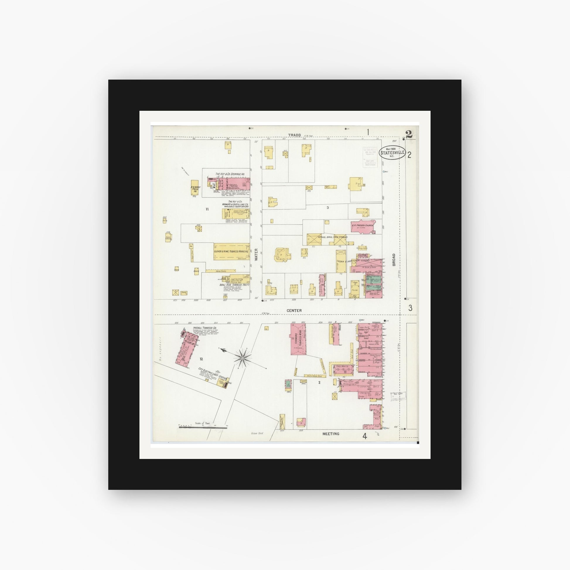 Old map wall art mockup — black gallery frame with white mat — Sanborn Fire Insurance Map from Statesville, Iredell County, North Carolina (1900), Sheet #0002