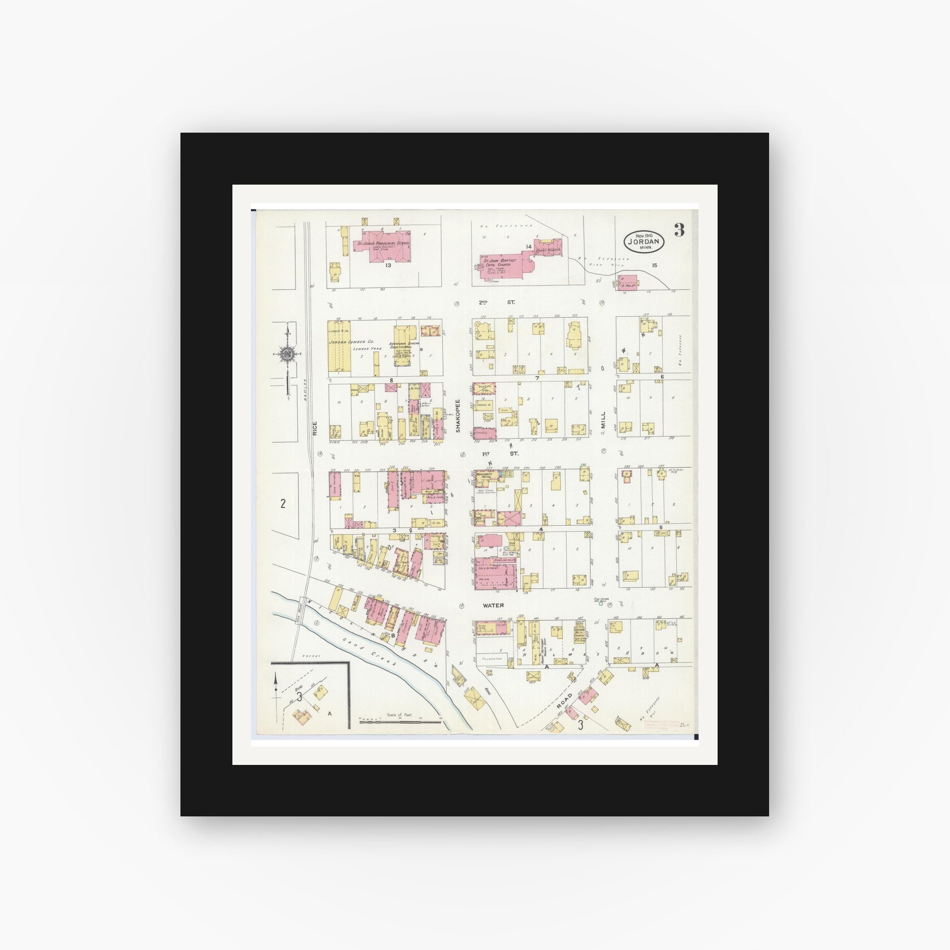 Old map wall art mockup — black gallery frame with white mat — Sanborn Fire Insurance Map from Jordan, Scott County, Minnesota (1910), Sheet #0003