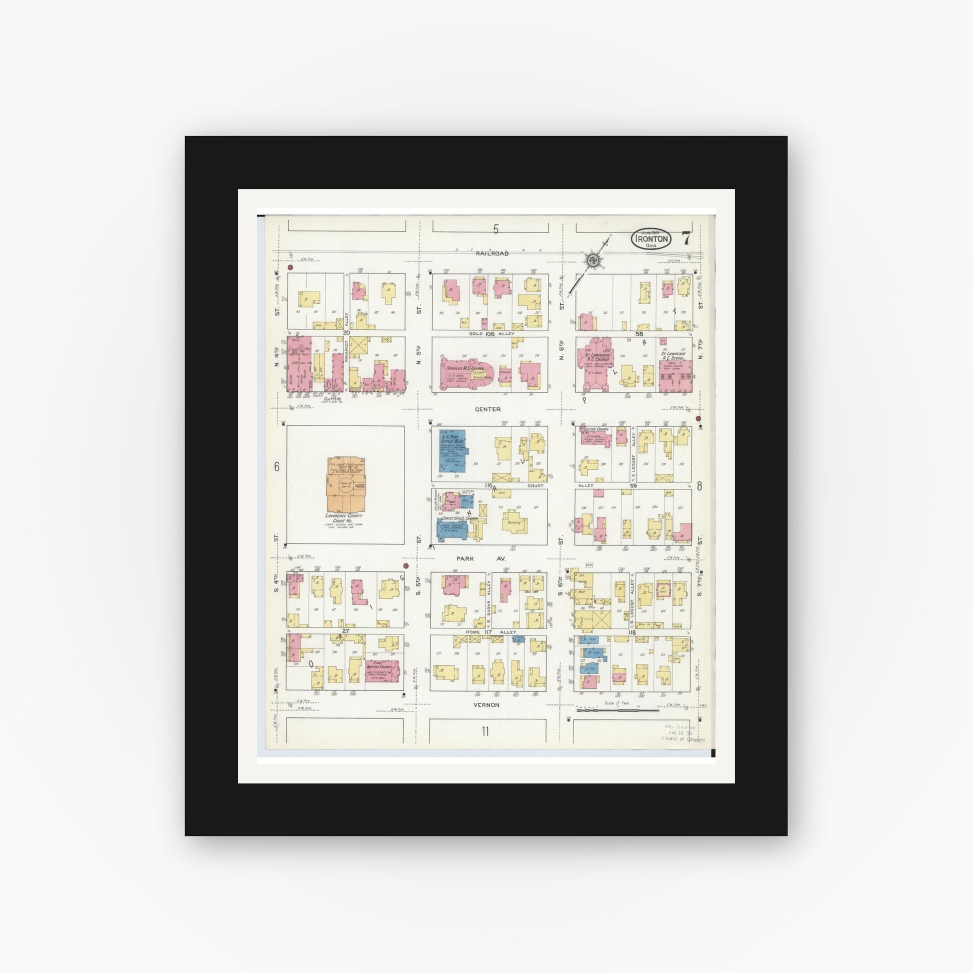 Old map wall art mockup — black gallery frame with white mat — Sanborn Fire Insurance Map from Ironton, Lawrence County, Ohio (1916), Sheet #0007