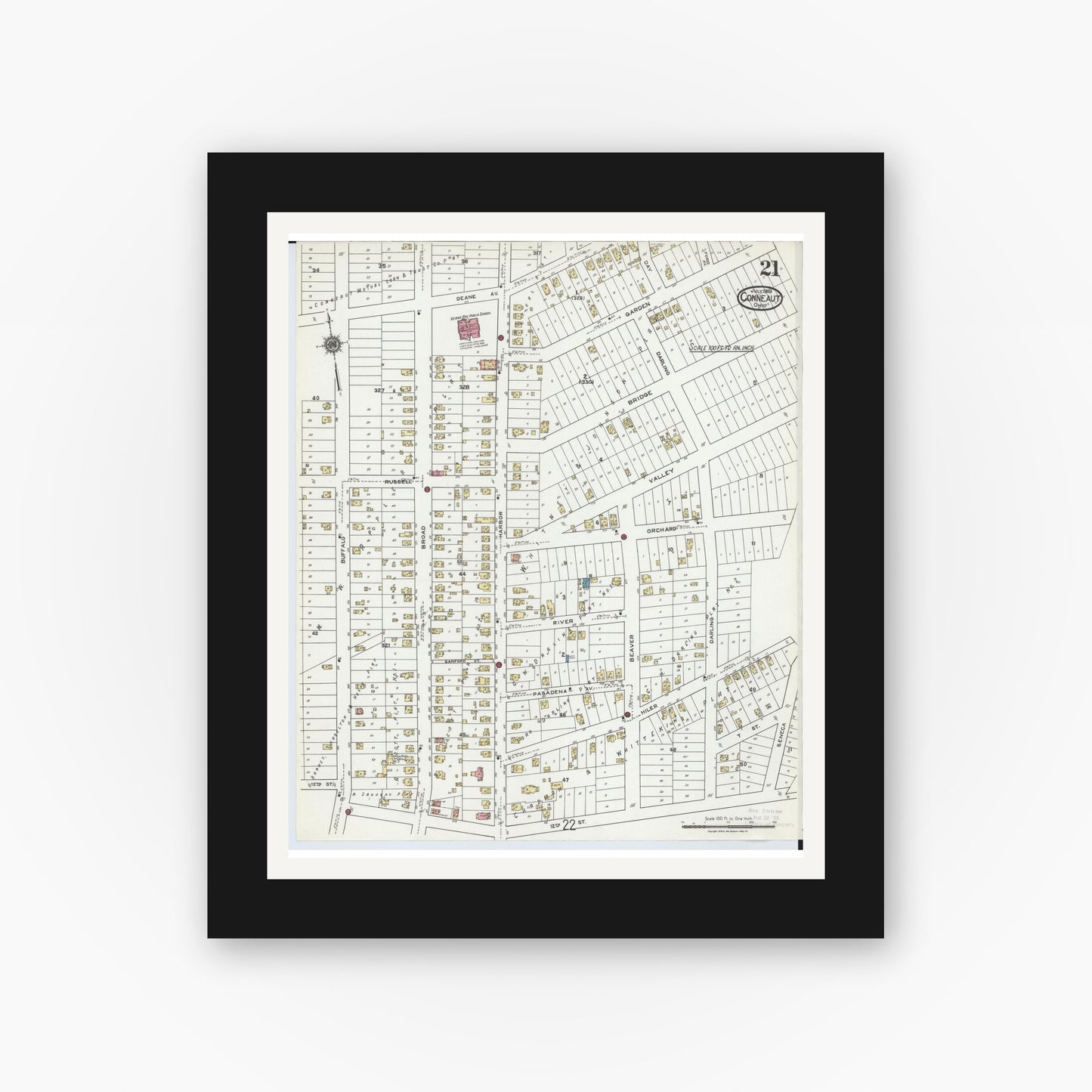 Old map wall art mockup — black gallery frame with white mat — Sanborn Fire Insurance Map from Conneaut, Ashtabula County, Ohio (1919), Sheet #0021