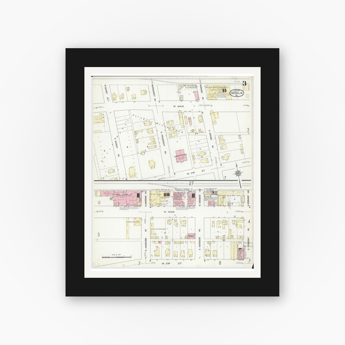 Old map wall art mockup — black gallery frame with white mat — Sanborn Fire Insurance Map from Sedalia, Pettis County, Missouri (1914), Sheet #0003