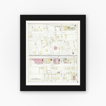 Old map wall art mockup — black gallery frame with white mat — Sanborn Fire Insurance Map from Sedalia, Pettis County, Missouri (1914), Sheet #0003