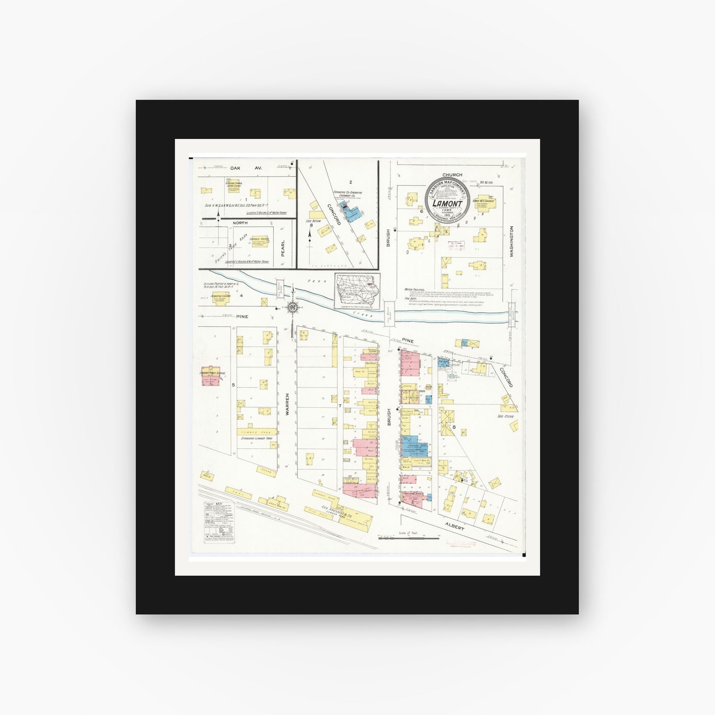 Old map wall art mockup — black gallery frame with white mat — Sanborn Fire Insurance Map from Lamont, Buchanan County, Iowa (1915), Sheet #0001