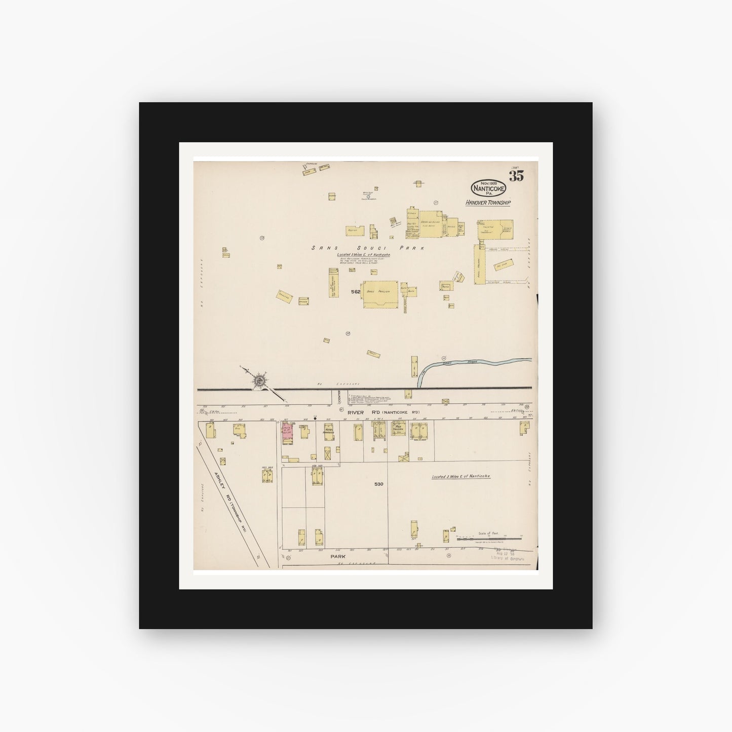 Old map wall art mockup — black gallery frame with white mat — Sanborn Fire Insurance Map from Nanticoke, Luzerne County, Pennsylvania (1920), Sheet #0035