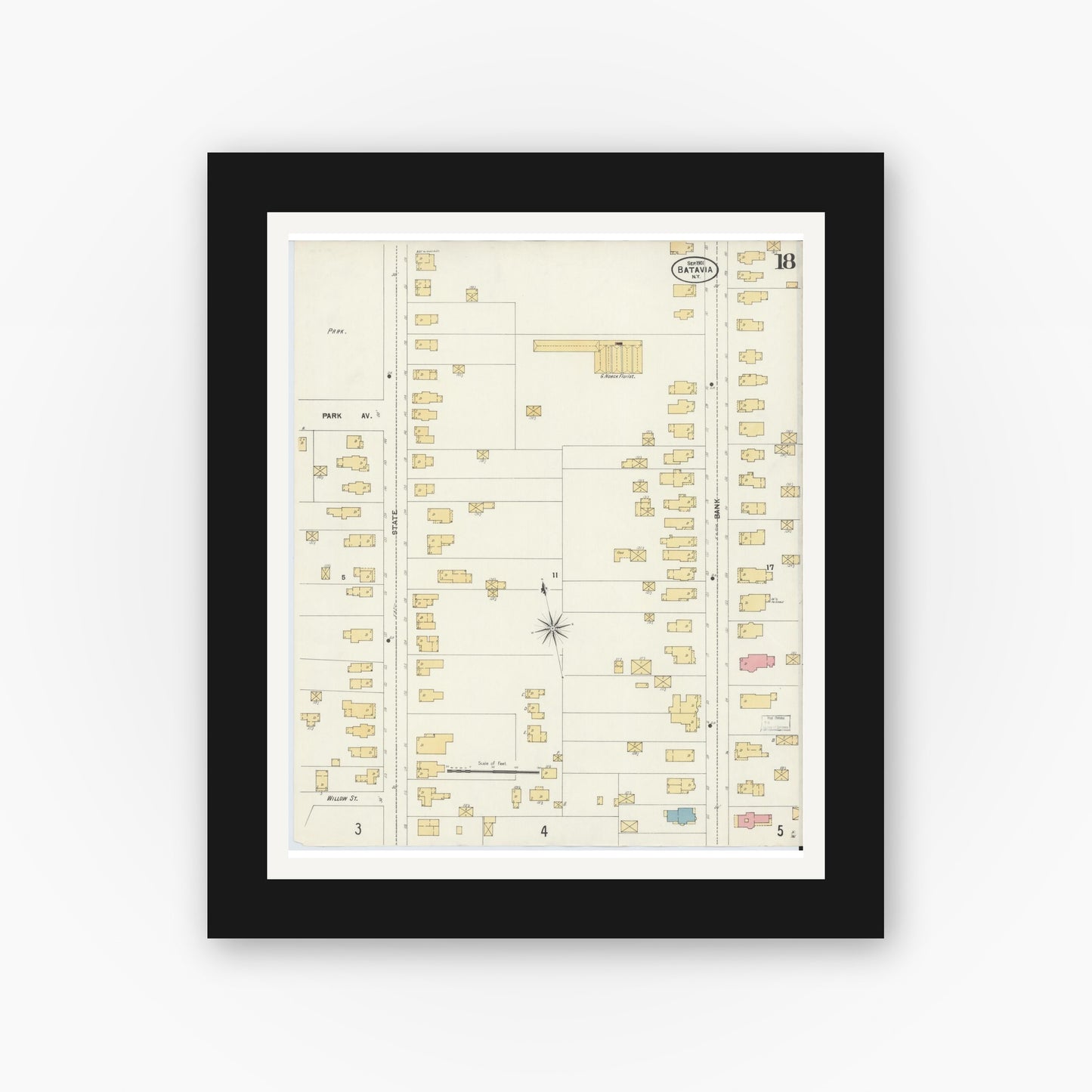 Old map wall art mockup — black gallery frame with white mat — Sanborn Fire Insurance Map from Batavia, Genesee County, New York (1901), Sheet #0018
