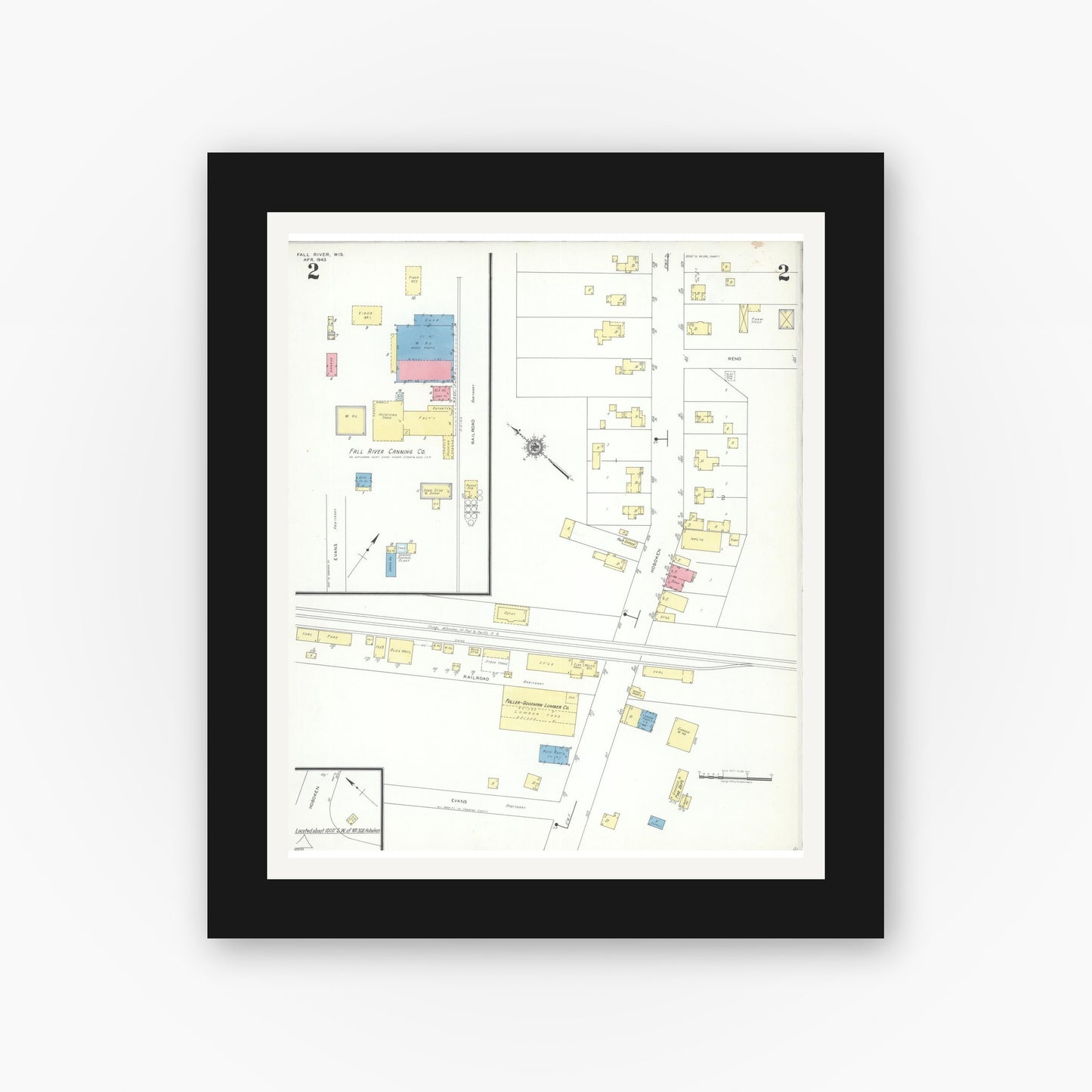 Old map wall art mockup — black gallery frame with white mat — Sanborn Fire Insurance Map from Fall River, Columbia County, Wisconsin (1943), Sheet #0002