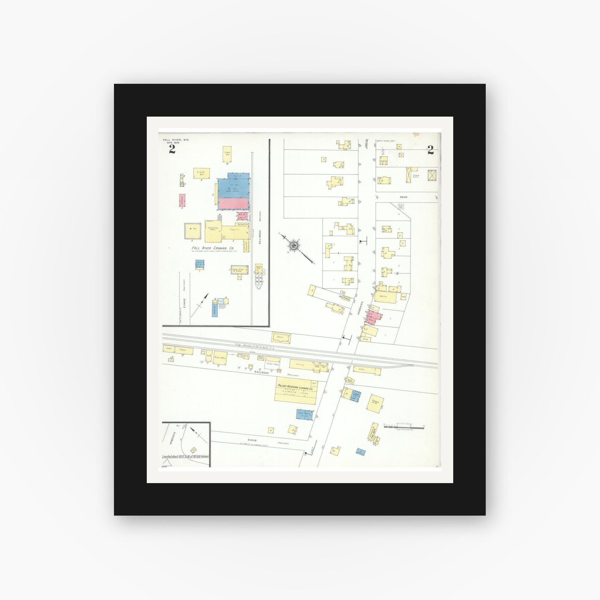 Old map wall art mockup — black gallery frame with white mat — Sanborn Fire Insurance Map from Fall River, Columbia County, Wisconsin (1943), Sheet #0002