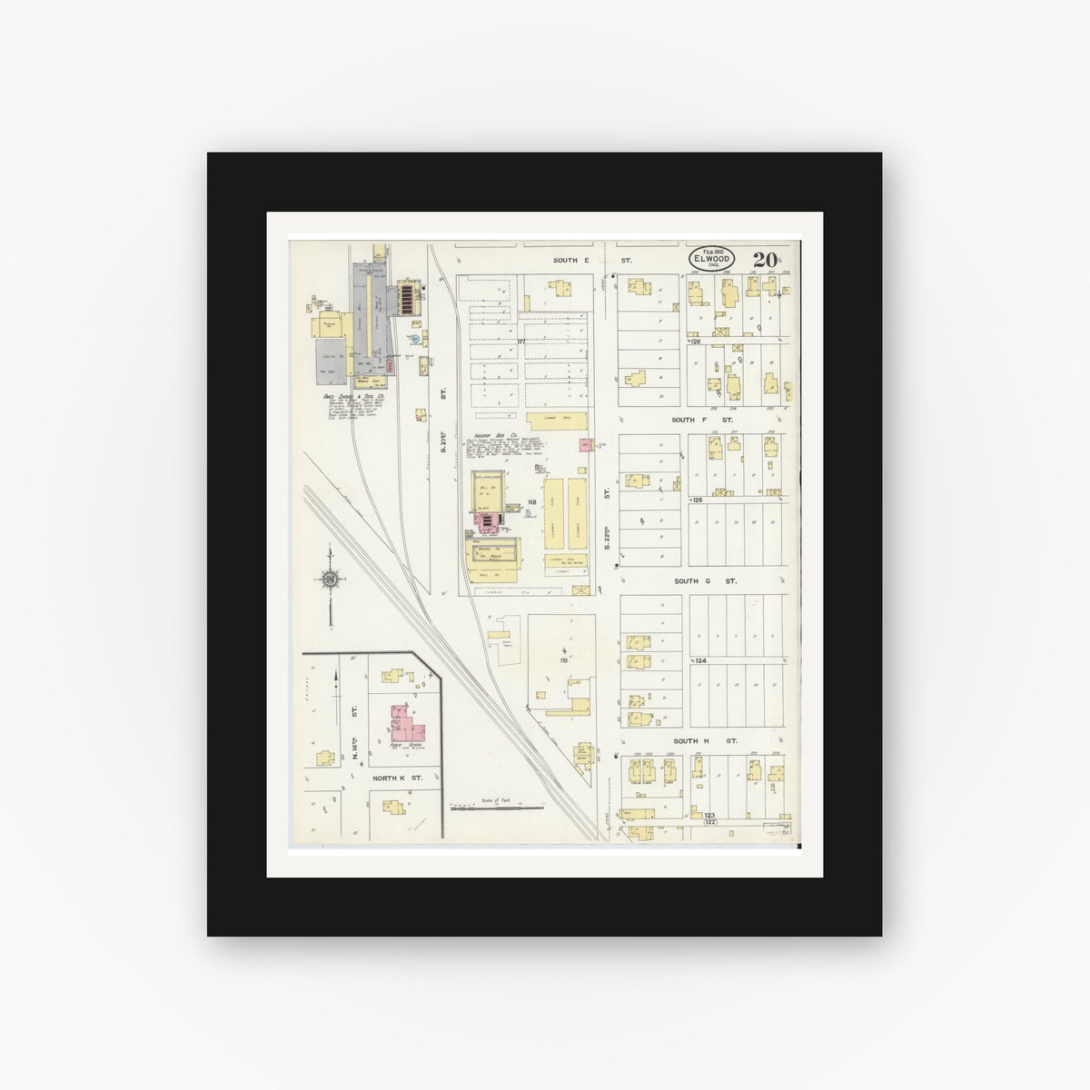 Old map wall art mockup — black gallery frame with white mat — Sanborn Fire Insurance Map from Elwood, Madison County, Indiana (1910), Sheet #0020