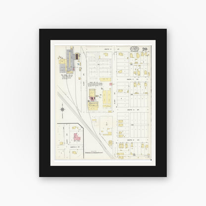 Old map wall art mockup — black gallery frame with white mat — Sanborn Fire Insurance Map from Elwood, Madison County, Indiana (1910), Sheet #0020