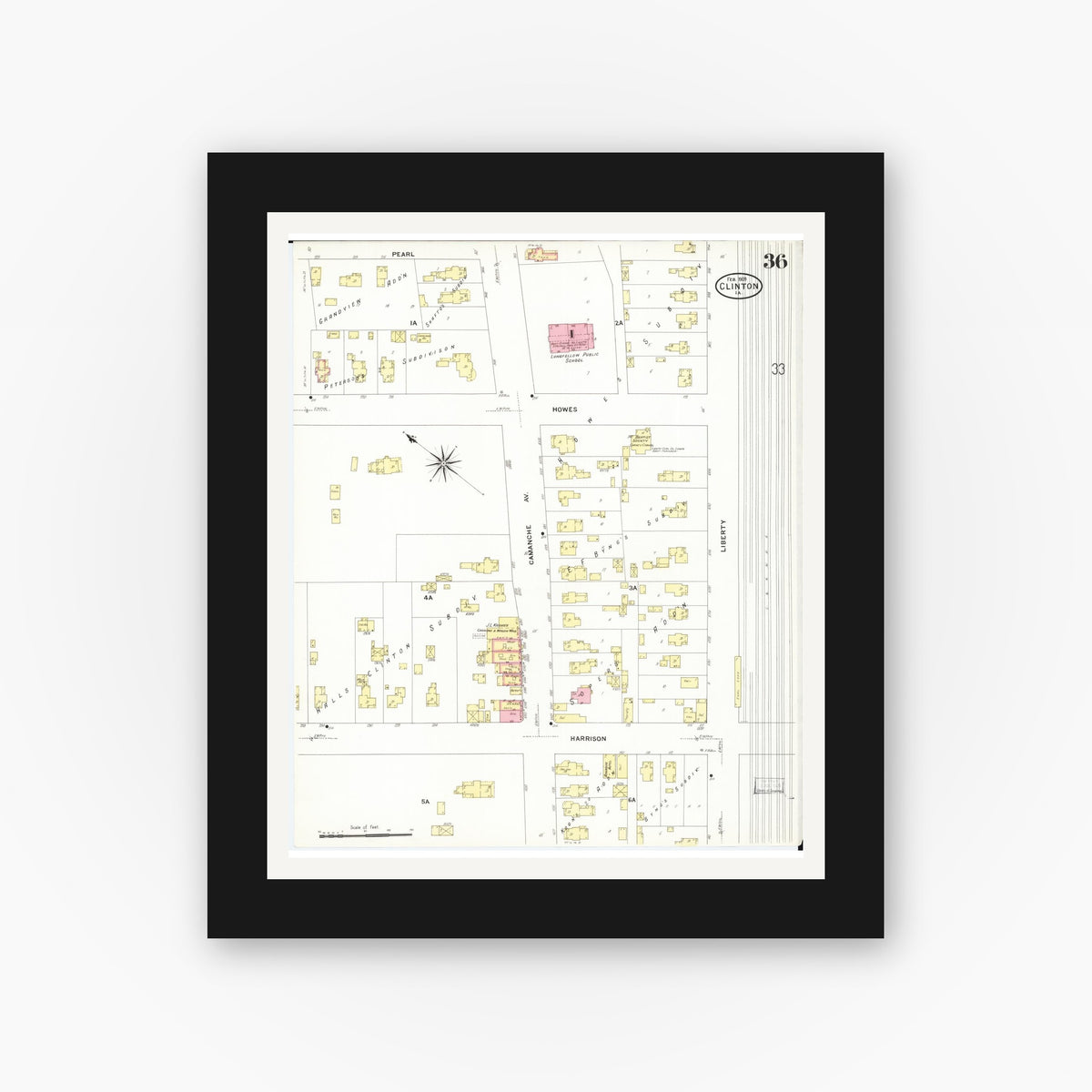Old map wall art mockup — black gallery frame with white mat — Sanborn Fire Insurance Map from Clinton, Clinton County, Iowa (1909), Sheet #0036