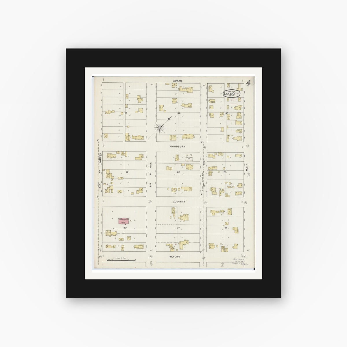 Old map wall art mockup — black gallery frame with white mat — Sanborn Fire Insurance Map from Lake City, Wabasha County, Minnesota (1894), Sheet #0004