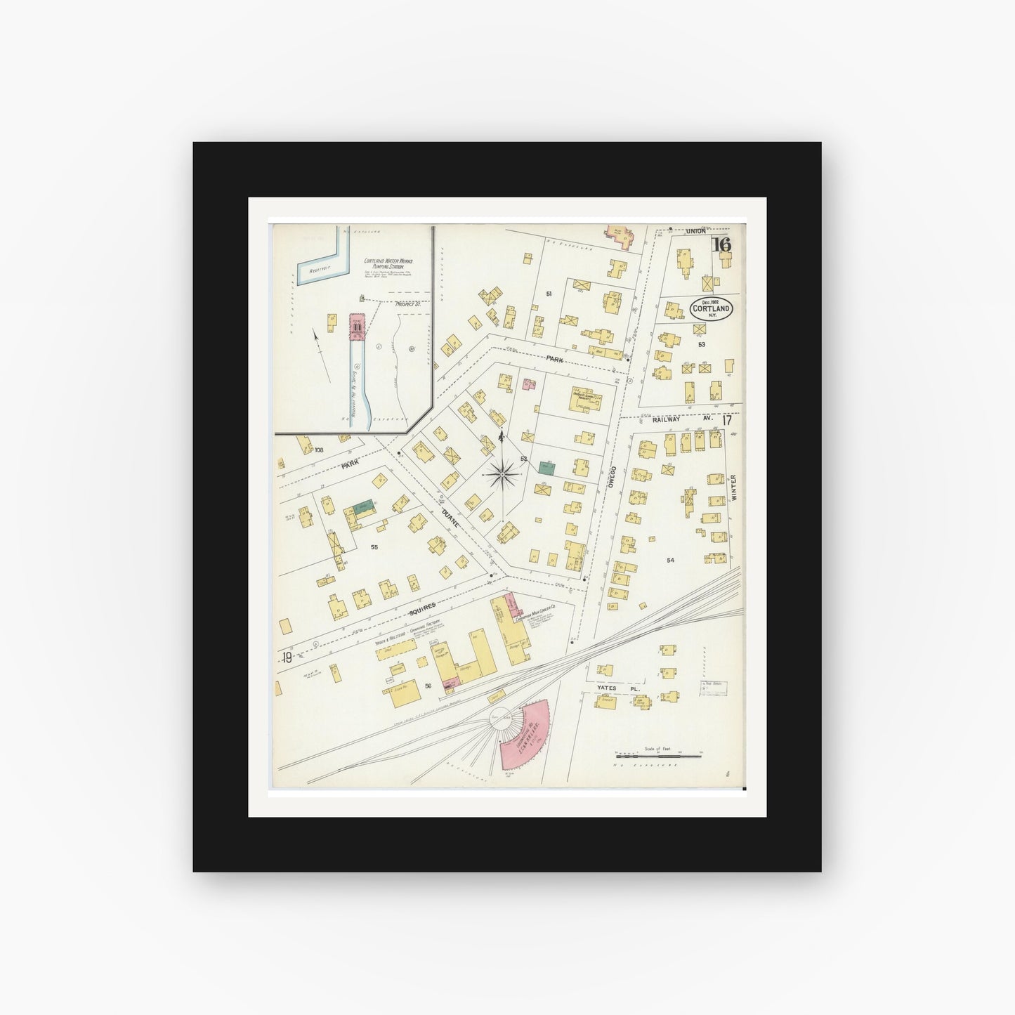 Old map wall art mockup — black gallery frame with white mat — Sanborn Fire Insurance Map from Cortland, Cortland County, New York (1902), Sheet #0016
