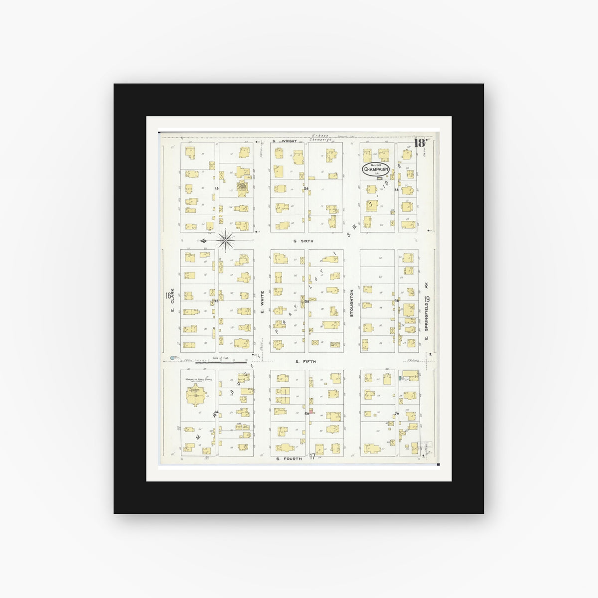 Old map wall art mockup — black gallery frame with white mat — Sanborn Fire Insurance Map from Champaign, Champaign County, Illinois (1909), Sheet #0018