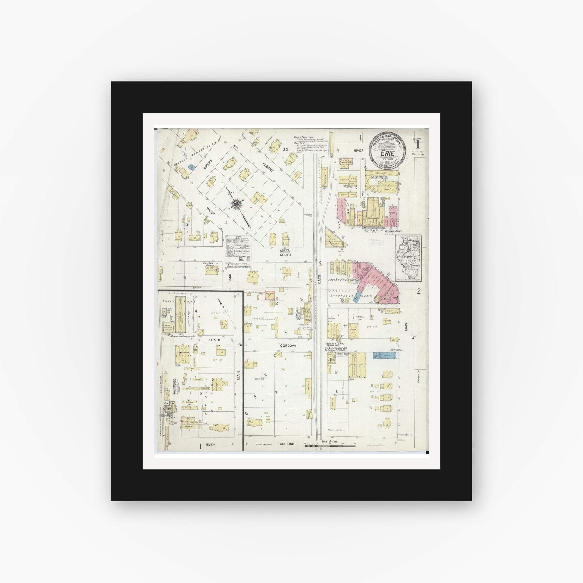 Old map wall art mockup — black gallery frame with white mat — Sanborn Fire Insurance Map from Erie, Whiteside County, Illinois (1913) - Complete Map Set