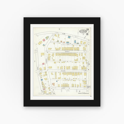 Old map wall art mockup — black gallery frame with white mat — Sanborn Fire Insurance Map from Phillipsburg, Warren County, New Jersey (1916), Sheet #0013