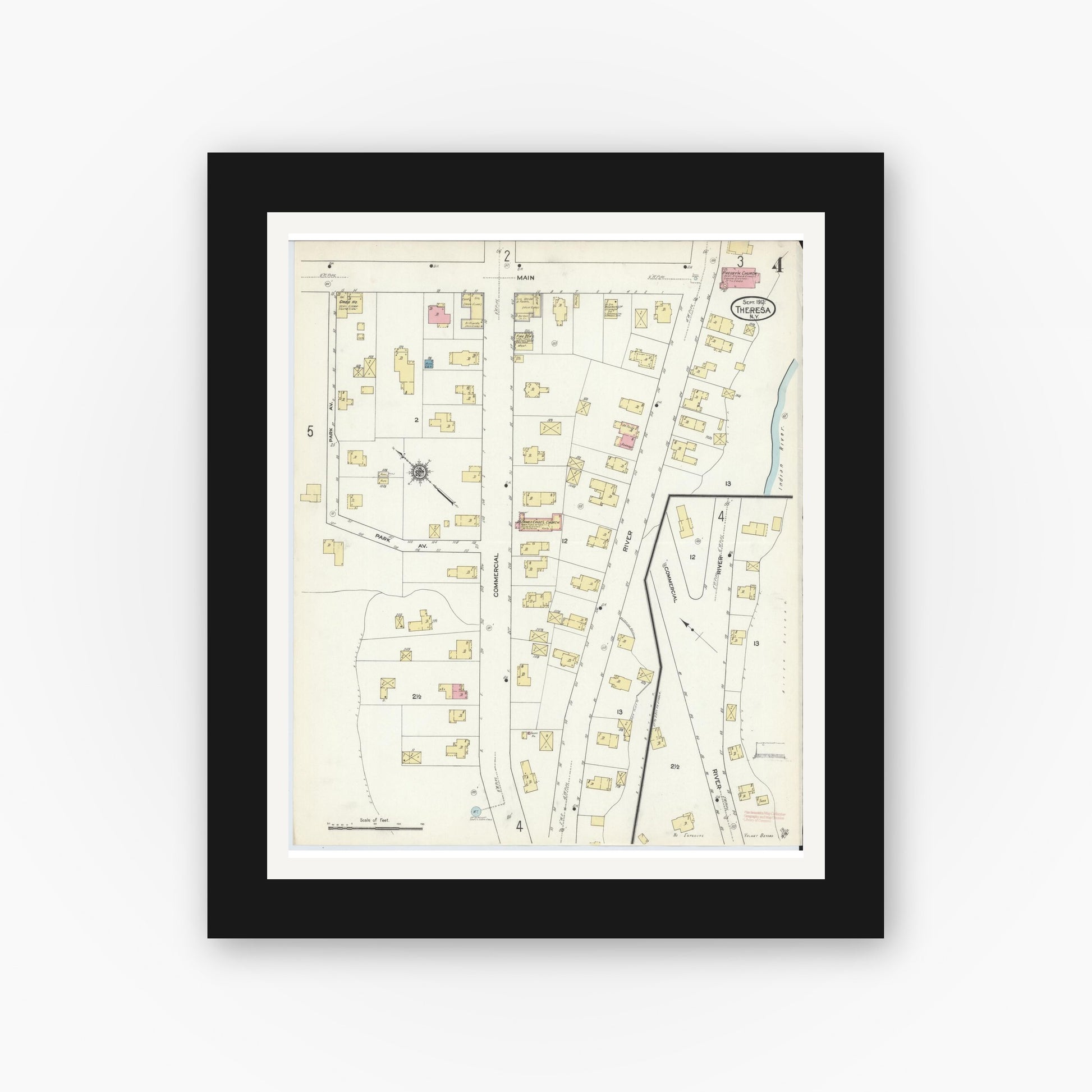 Old map wall art mockup — black gallery frame with white mat — Sanborn Fire Insurance Map from Theresa, Jefferson County, New York (1912), Sheet #0004