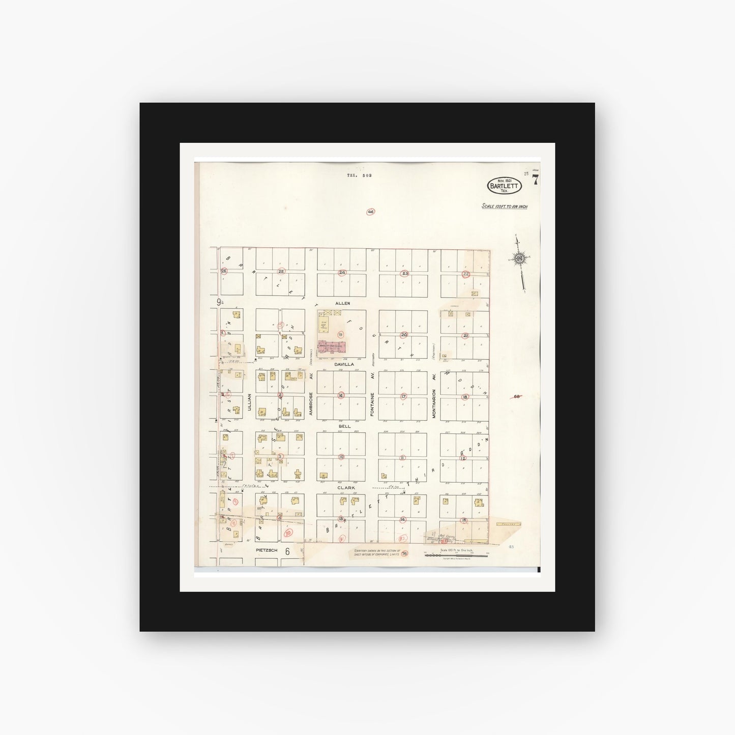 Old map wall art mockup — black gallery frame with white mat — Sanborn Fire Insurance Map from Bartlett, Bell and Williamson Counties, Texas (1940), Sheet #0007