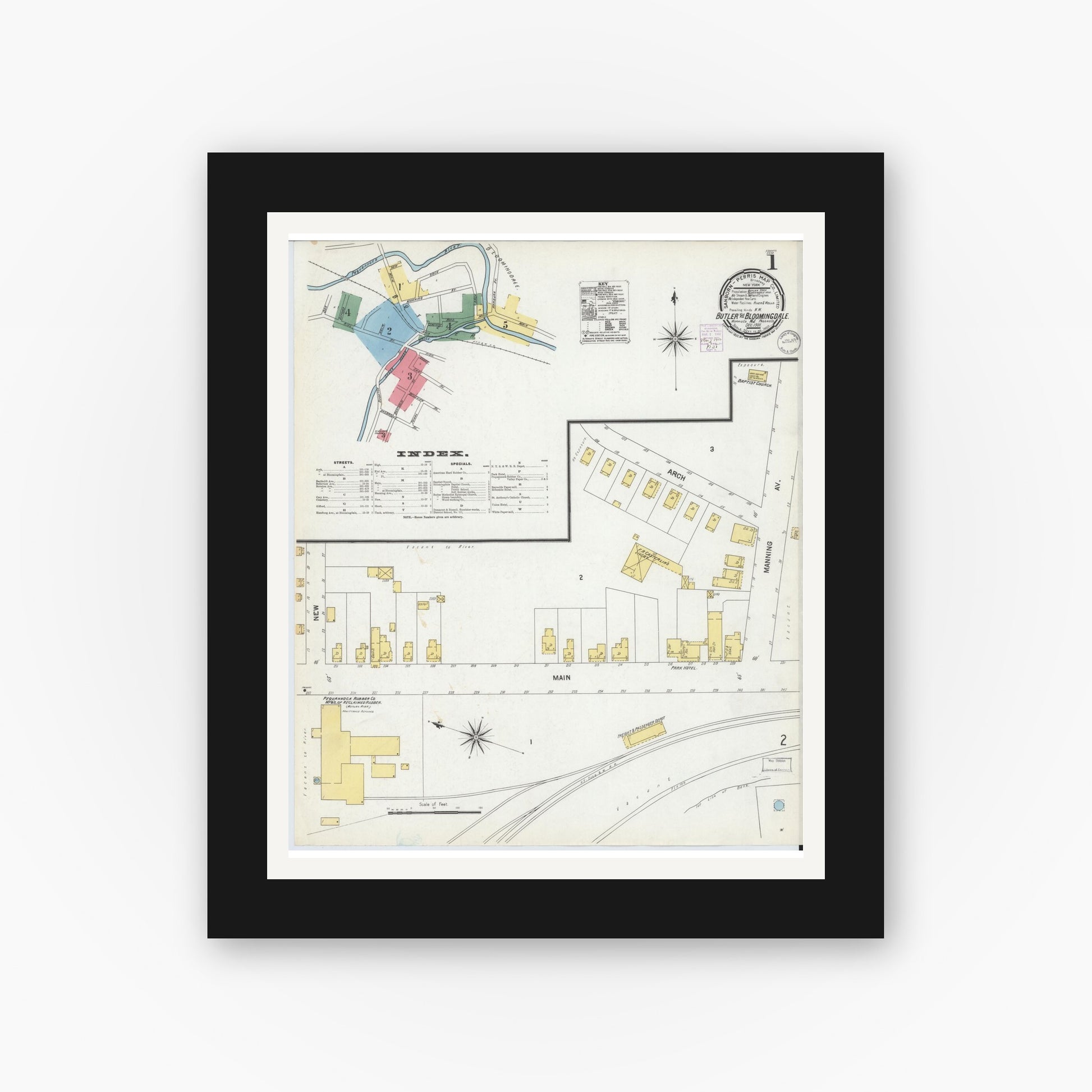 Old map wall art mockup — black gallery frame with white mat — Sanborn Fire Insurance Map from Butler, Morris County, New Jersey (1901), Sheet #0001