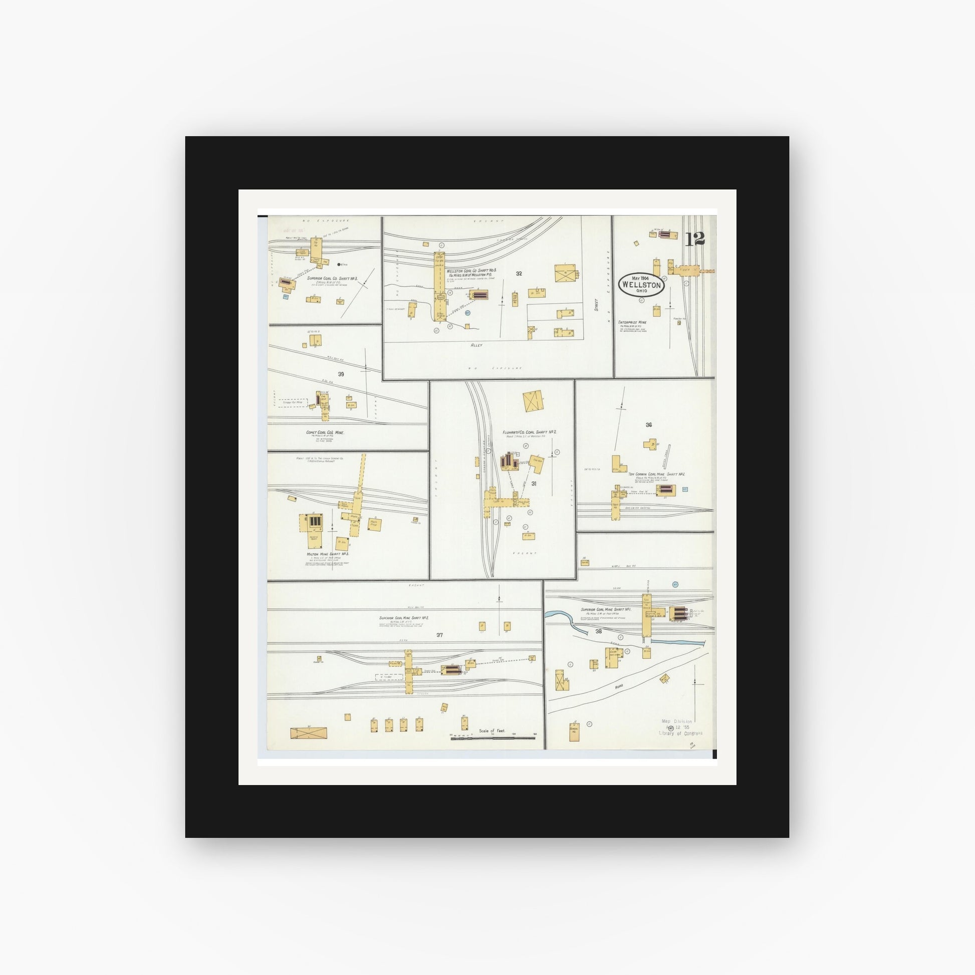 Old map wall art mockup — black gallery frame with white mat — Sanborn Fire Insurance Map from Wellston, Jackson County, Ohio (1904), Sheet #0012