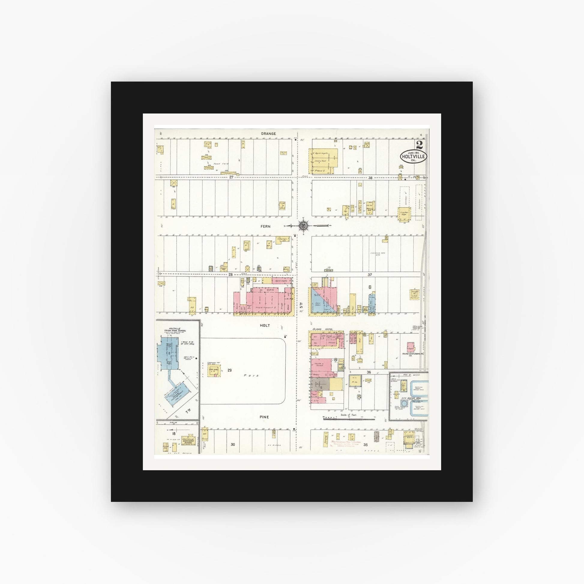 Old map wall art mockup — black gallery frame with white mat — Sanborn Fire Insurance Map from Holtville, Imperial County, California (1911), Sheet #0002