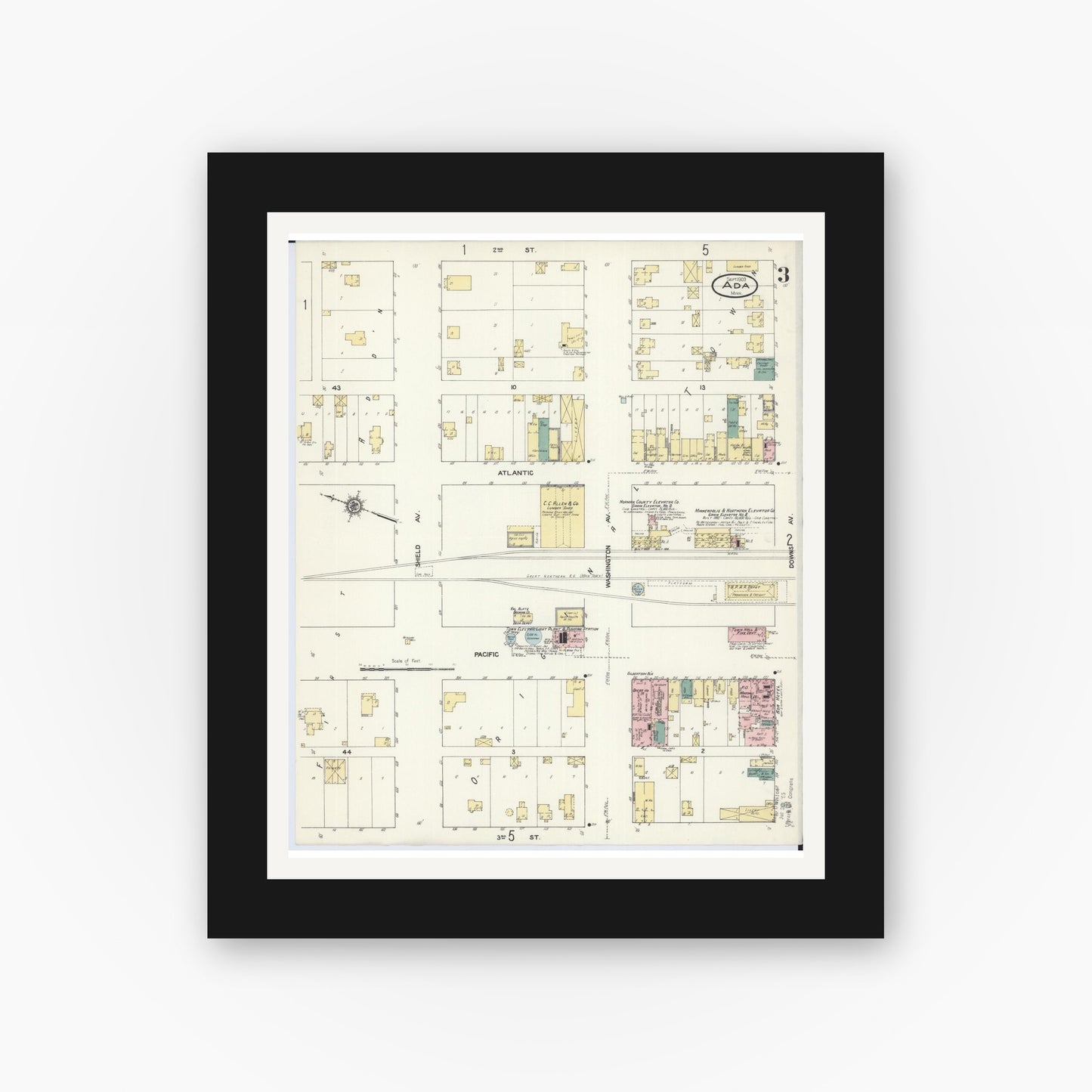 Old map wall art mockup — black gallery frame with white mat — Sanborn Fire Insurance Map from Ada, Norman County, Minnesota (1909), Sheet #0003