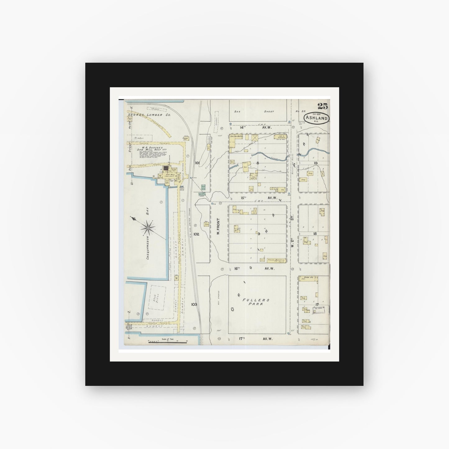 Old map wall art mockup — black gallery frame with white mat — Sanborn Fire Insurance Map from Ashland, Ashland County, Wisconsin (1890), Sheet #0025