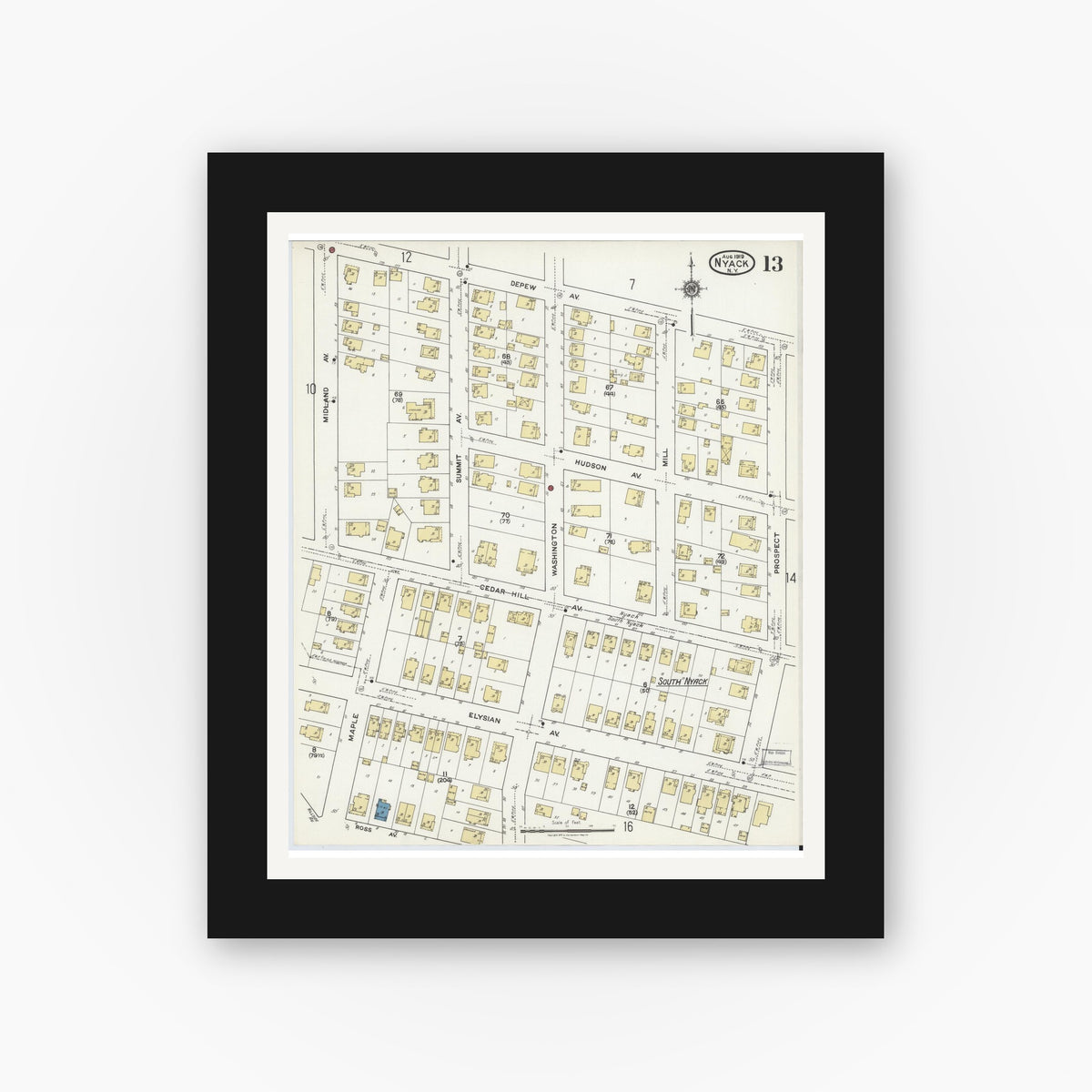 Old map wall art mockup — black gallery frame with white mat — Sanborn Fire Insurance Map from Nyack, Rockland County, New York (1919), Sheet #0013