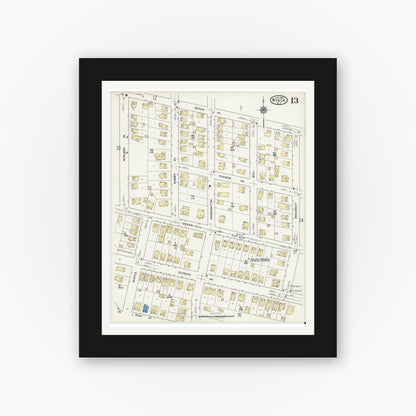 Old map wall art mockup — black gallery frame with white mat — Sanborn Fire Insurance Map from Nyack, Rockland County, New York (1919), Sheet #0013