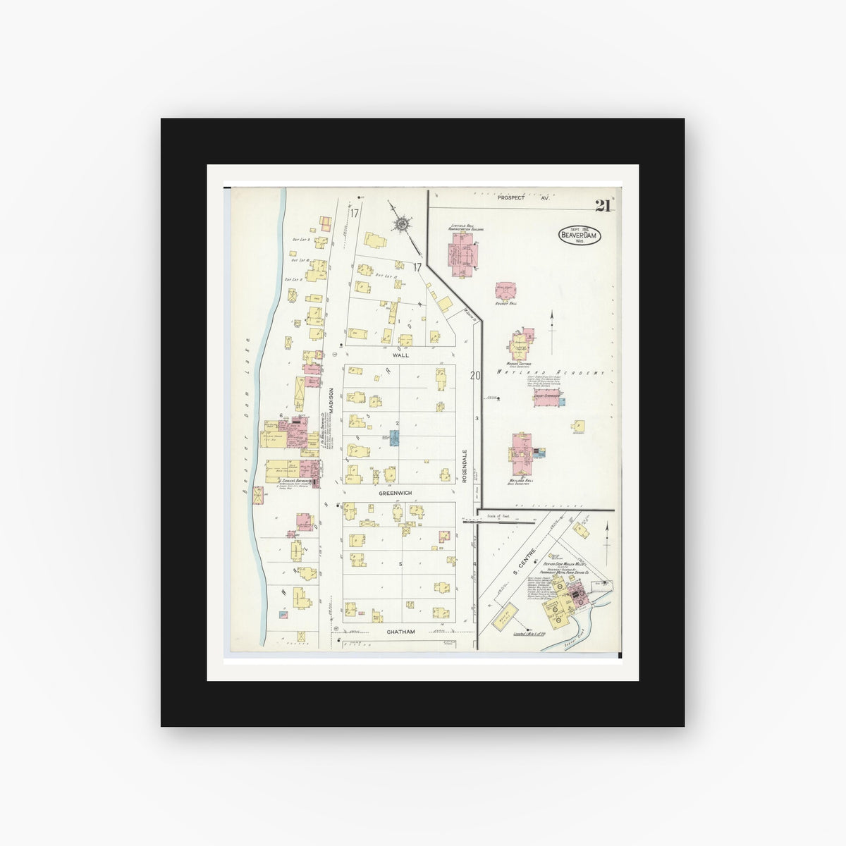 Old map wall art mockup — black gallery frame with white mat — Sanborn Fire Insurance Map from Beaver Dam, Dodge County, Wisconsin (1914), Sheet #0021