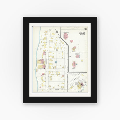 Old map wall art mockup — black gallery frame with white mat — Sanborn Fire Insurance Map from Beaver Dam, Dodge County, Wisconsin (1914), Sheet #0021