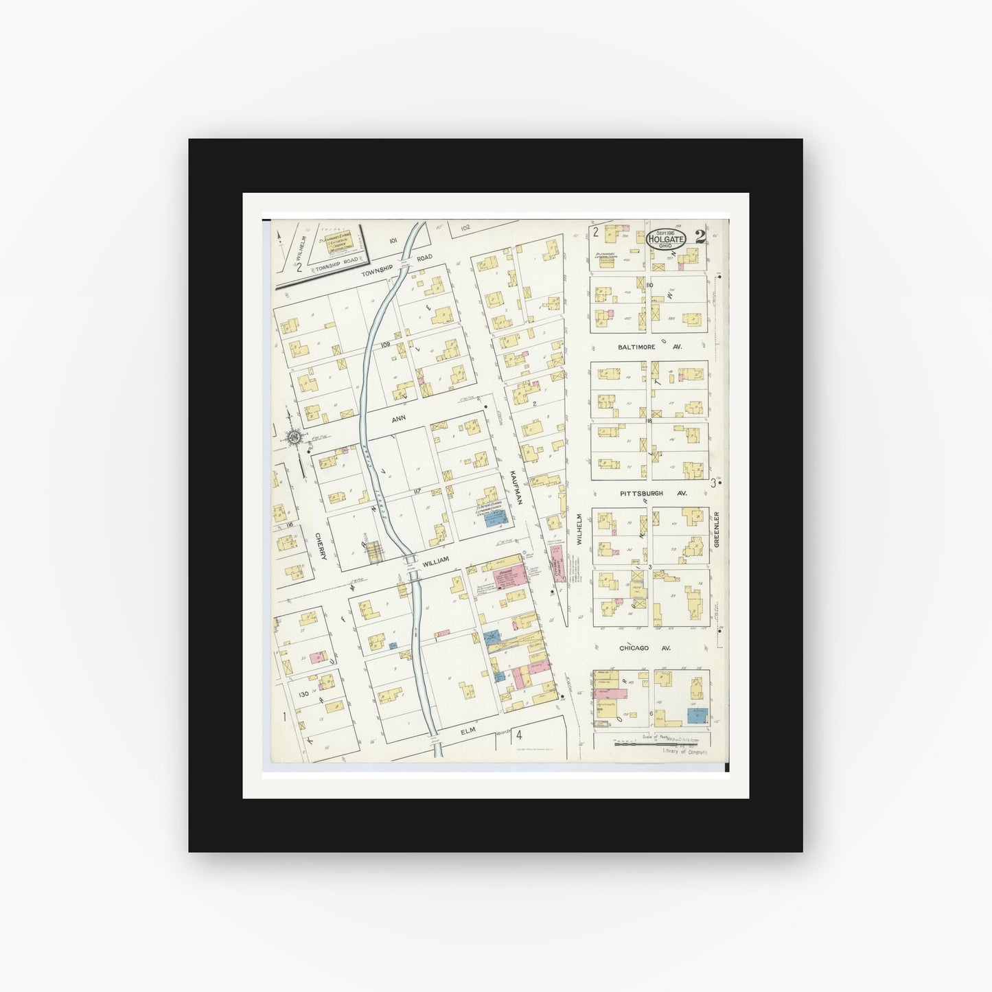 Old map wall art mockup — black gallery frame with white mat — Sanborn Fire Insurance Map from Holgate, Henry County, Ohio (1916), Sheet #0002