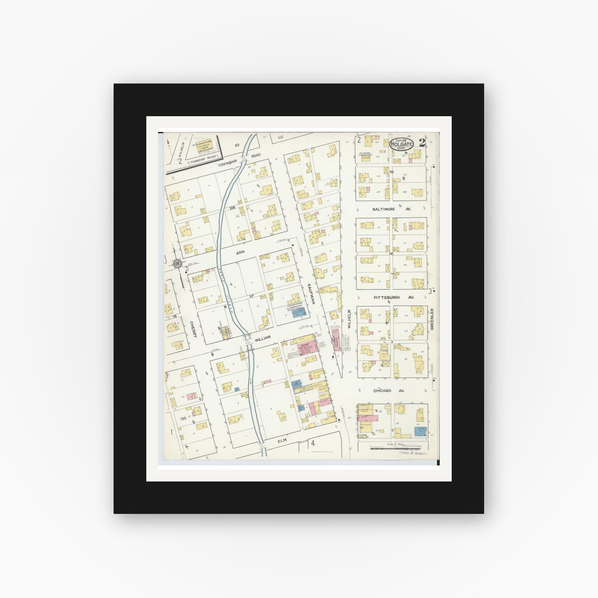 Old map wall art mockup — black gallery frame with white mat — Sanborn Fire Insurance Map from Holgate, Henry County, Ohio (1916), Sheet #0002