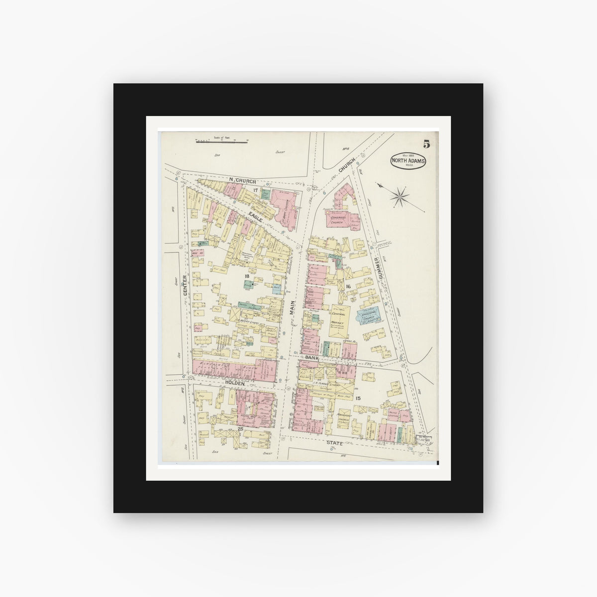 Old map wall art mockup — black gallery frame with white mat — Sanborn Fire Insurance Map from North Adams, Berkshire County, Massachusetts (1888), Sheet #0005