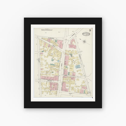 Old map wall art mockup — black gallery frame with white mat — Sanborn Fire Insurance Map from North Adams, Berkshire County, Massachusetts (1888), Sheet #0005