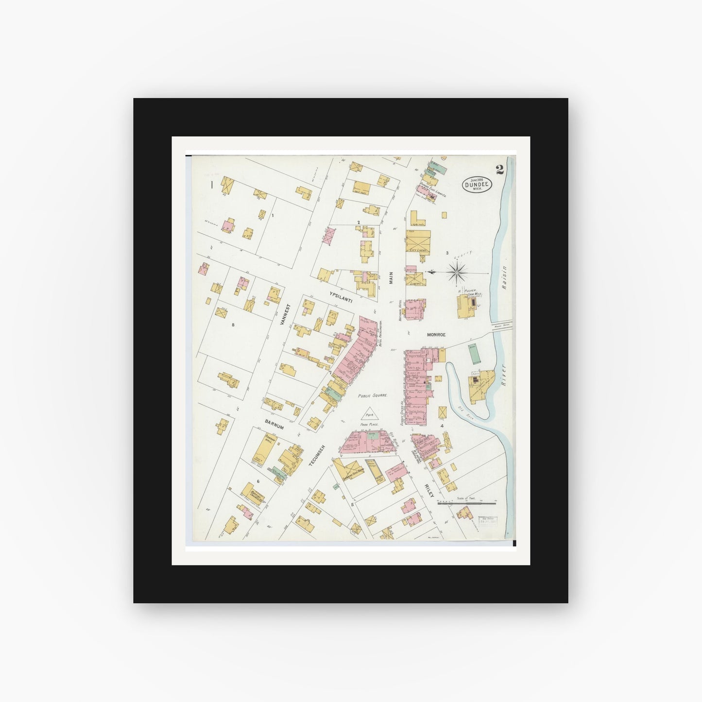 Old map wall art mockup — black gallery frame with white mat — Sanborn Fire Insurance Map from Dundee, Monroe County, Michigan (1899), Sheet #0002