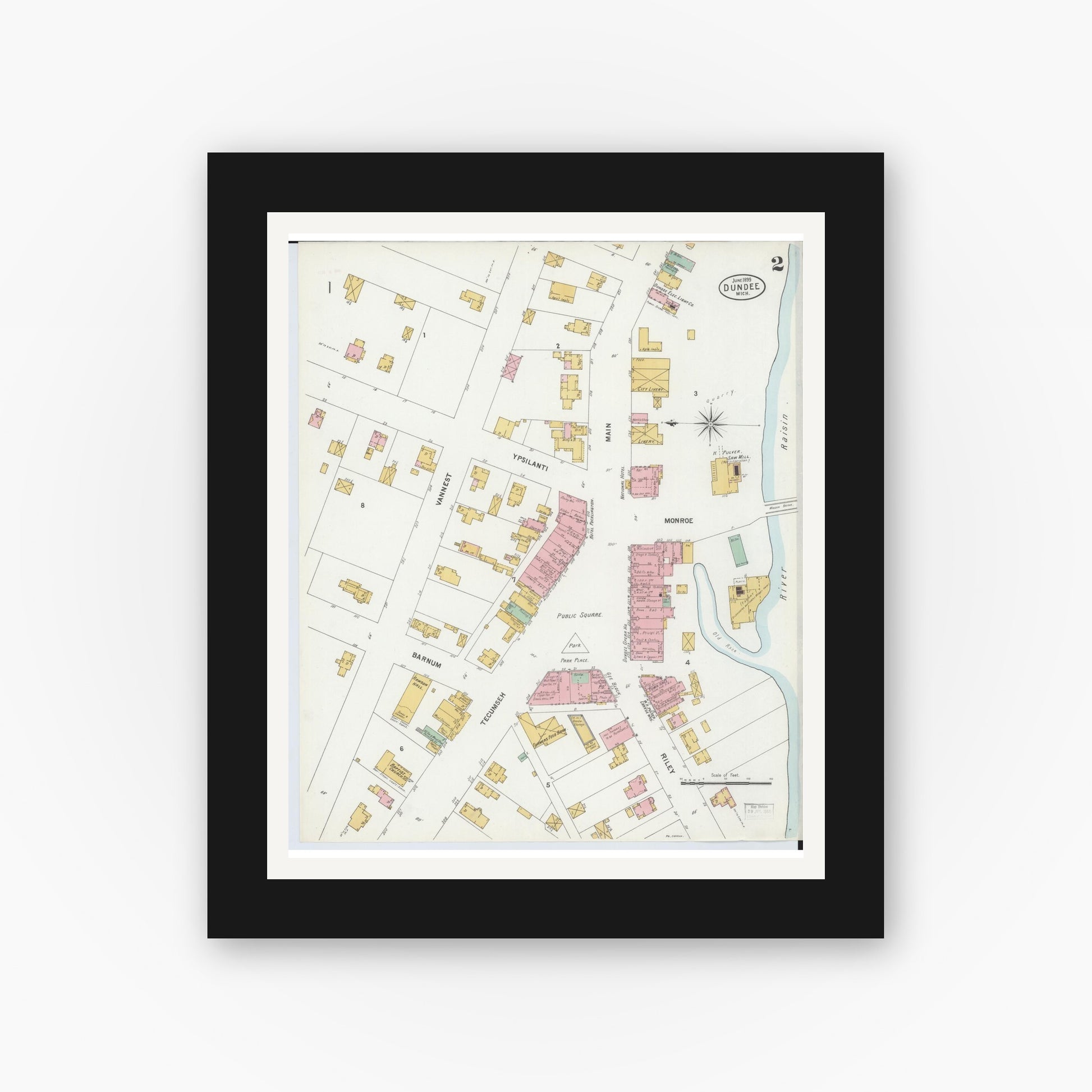 Old map wall art mockup — black gallery frame with white mat — Sanborn Fire Insurance Map from Dundee, Monroe County, Michigan (1899), Sheet #0002